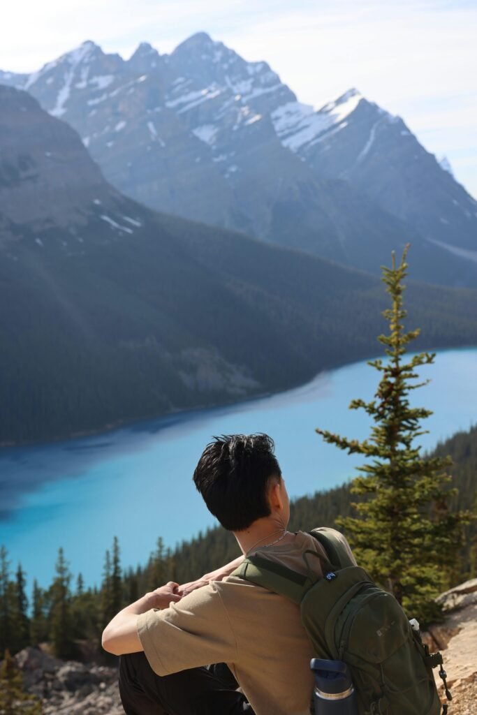 Hiker taking a break while summer hiking