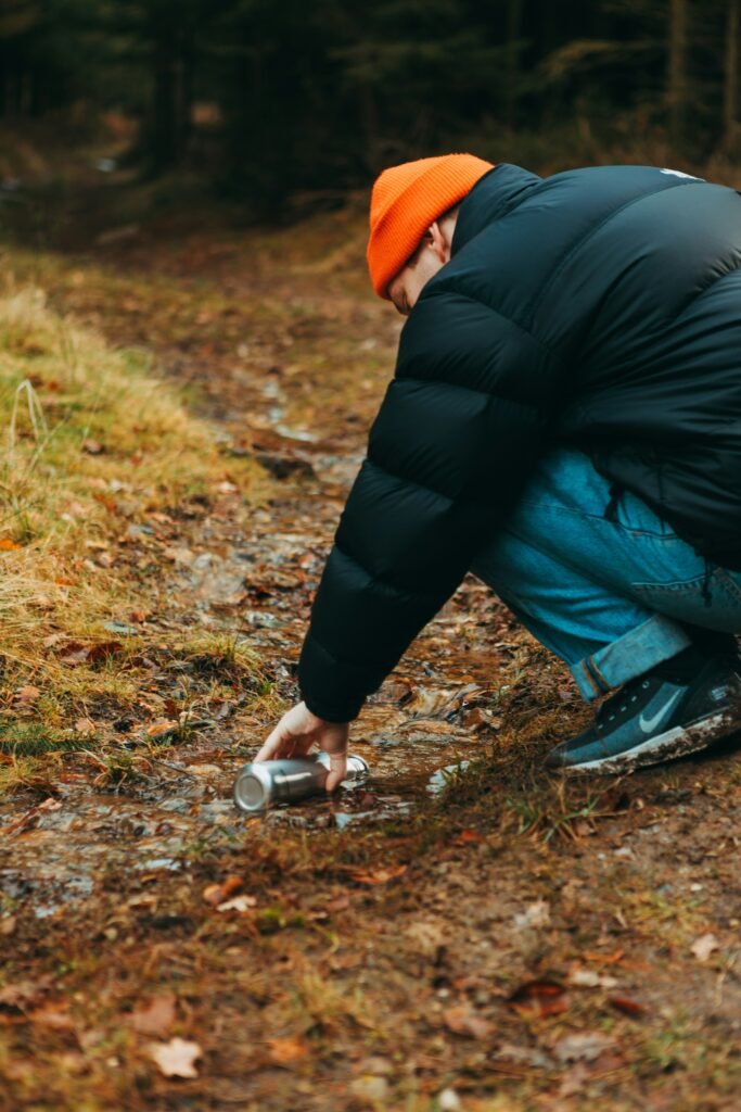 Collecting water from a forest stream