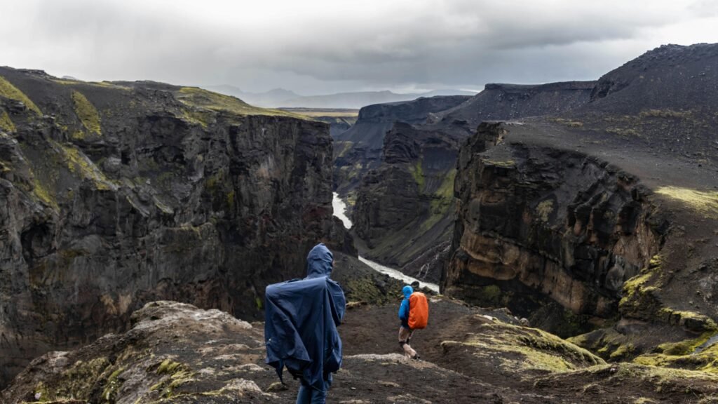 Laugavegur Trail, Iceland. Two hikers traveling in Europe