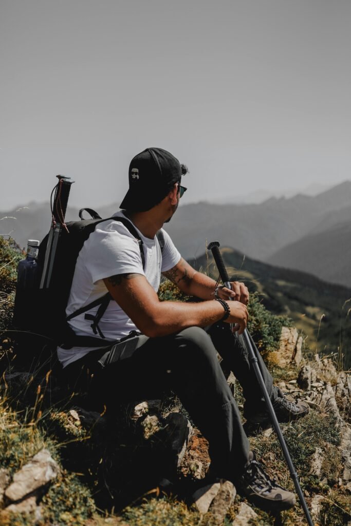 Hiker resting. Trail difficulty