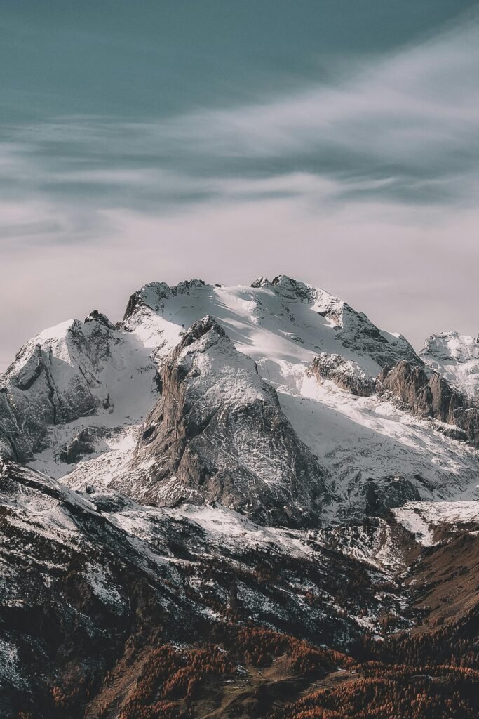 Majestic snow-capped mountain peak. Winter hiking